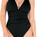 Popilush Bodysuits for Women Tummy Control Halter Tops V Neck Ruched Thong Shapewear Body Suits (M (4-6), Black)