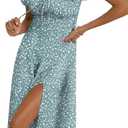 BLENCOT Womens Casual Summer Square Neck Short Sleeve Split Thigh Cotton Dress Boho Floral Print Tie Front Midi Dresses (Green, S)