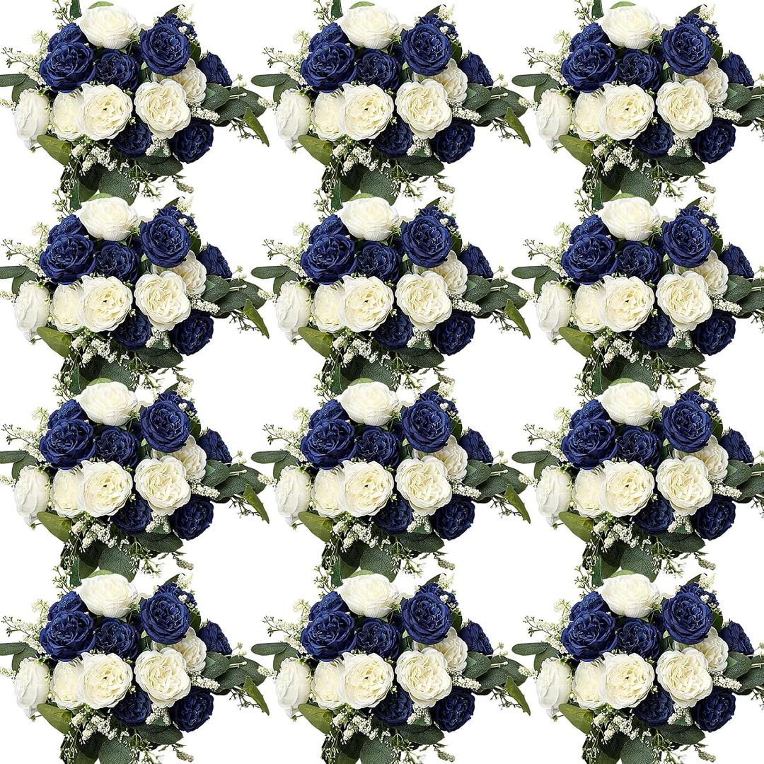 Peonies Artificial Flowers Bulk, 12 Bundles Fake Silk Peonies Faux Eucalyptus Bouquet Realistic Peony Floral Arrangement for Wedding Table Centerpiece Vase Decor (Royal Blue & White)