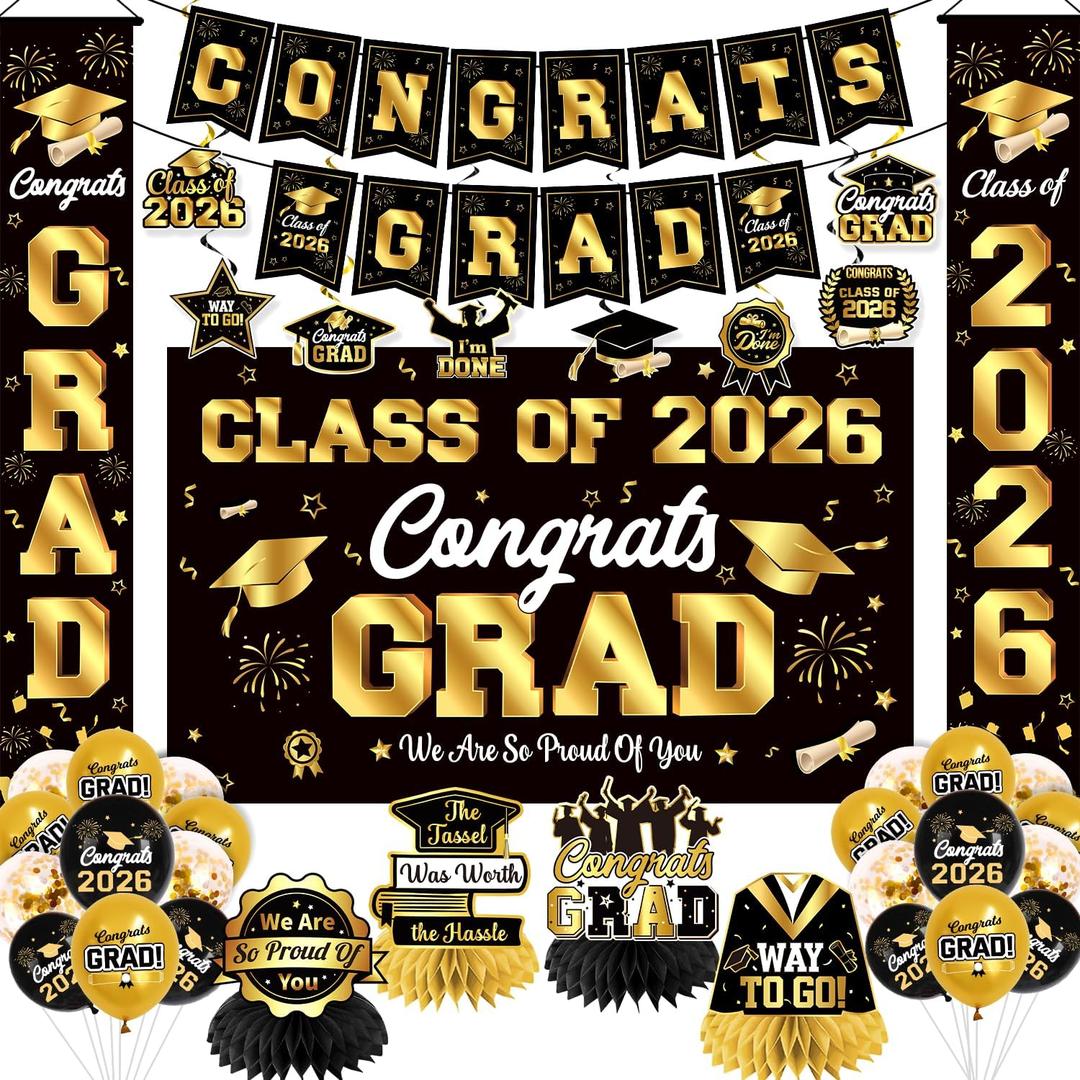 Graduation Decorations 2026 Black and Gold Party Decor Set include Congrats Grad Banner Graduation Backdrop Class of 2026 Balloons Party Supplies