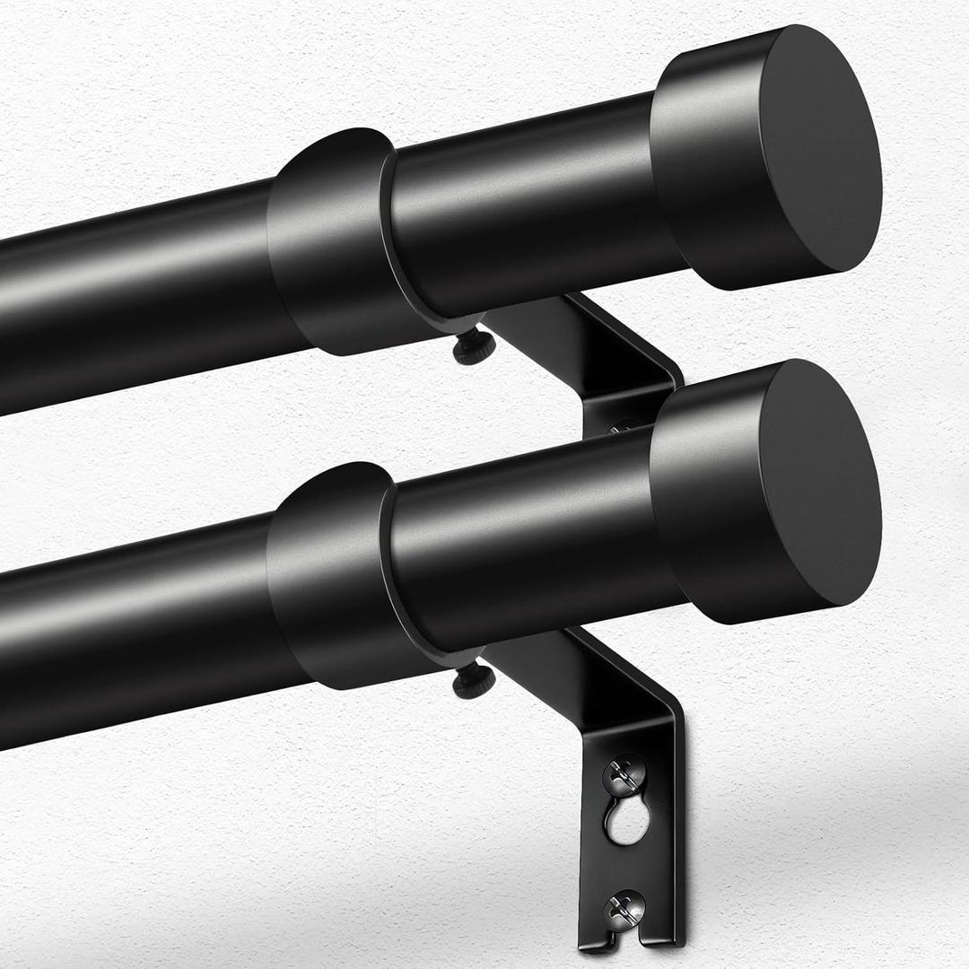 KAMANINA Curtain Rods 2 Pack, Heavy Duty Curtain Rods for Windows 48 to 84 Inch, 1 Inch Black Modern Drapery Rod with End Cap (32"-86", 2Pack)