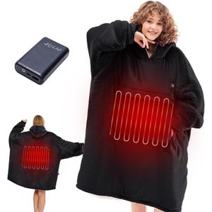 CYMULA Heated Hoodie Blanket, Wearable Heated Blanket Hoodie Oversized Portable Cordless Heating Wearable Blankets, 3 Heat Settings Electric Hooded Gifts for Women Men with Power Bank, Black (Standard)