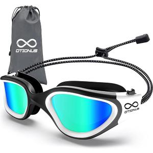 Swim Goggles, Polarized Adult Swimming Goggles Bungee Strap No Hair Pulling Anti-fog Pool Goggles for Men Women (01-black White/Polarized Mirror Gold)