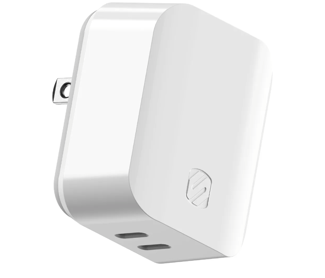 Scosche HPDCC65WT Dual-Port USB-C Wall Charger Block, 65W Type C Fast Charging Power Adapter, GaN Wall Charger Plug Compatible with Apple iPhone 16/15/14/13/12 Series, iPad, Laptop,& Android Phone
