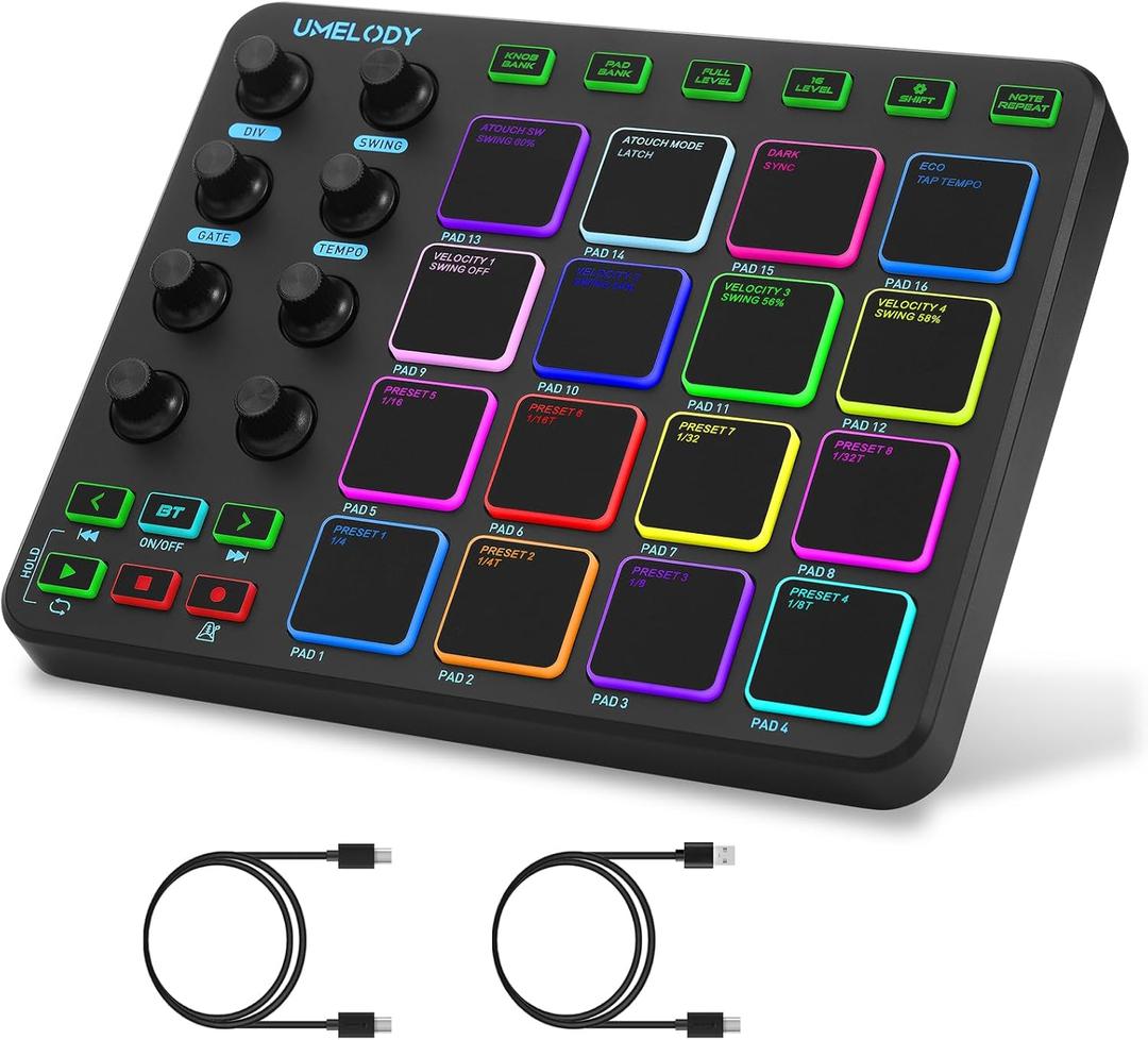 JP-1 MIDI Pad Controller with Wireless Connection, 16 RGB Beat Pads for Music Production, Portable Beat Maker for Beginners, Finger Drumming, Sampling, Looping on Laptop, Tablet, Phone