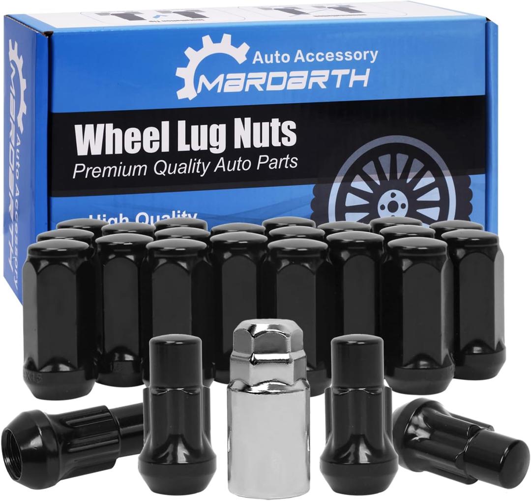 Set of 20 Acorn Lug Nuts + 4 Wheel Locks, 14x1.5 1.75 Inch Compatible with 1999-2024 Chevy Silverado Sierra 1500 Black