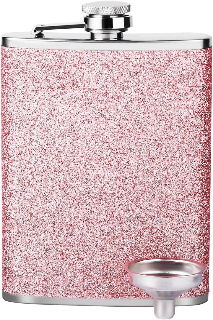 Pink Flask for Liquor for Women 8OZ - Girls Glitter Bling Pocket Decorative Flask with Funnel, 18/8 Stainless Steel for Vodka Whisky