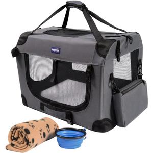 Petprsco Portable Collapsible Dog Crate, Travel Dog Crate 24x17x17 with Soft Warm Blanket and Foldable Bowl for Large Cats & Small Dogs Indoor and Outdoor (Gray)