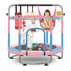60" Toddler Trampoline for Kids, 5FT Adjustable Trampoline Indoor Outdoor with Enclosur Net, Mini Trampoline for Kids 3-10, 880lbs Capacity, Adjustable Gymnastics Bar, Basketball Hoop, Swing