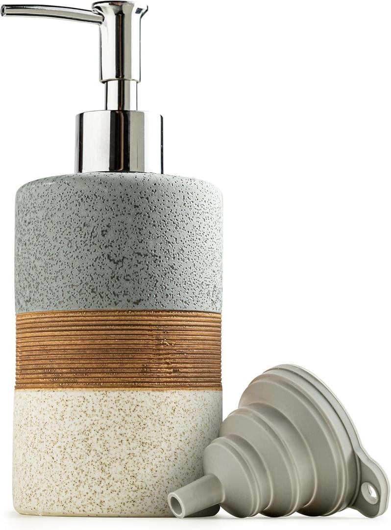 Ceramic Soap Dispenser Set for Hand Soap, Shampoo, Dish Soap, Conditioner, Bathroom & Kitchen, Stainless Steel Pump, Includes Silicone Funnel, 12 Oz, Non-Slip, Elegant Kitchen Decor, Gray