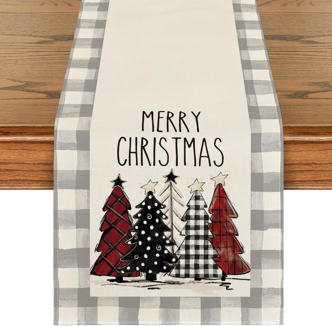 Artoid Mode Waterclor Grey Buffalo Plaid Christmas Trees Merry Xmas Table Runner, Seasonal Winter Holiday Kitchen Dining Table Decoration for Indoor Outdoor Home Party Decor 13 x 108 Inch (Multi Color/Silver)