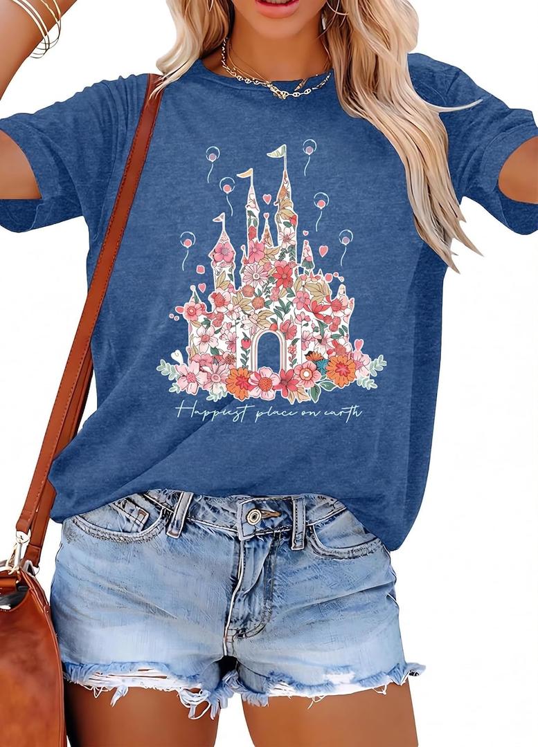 T&Twenties Women Magical Shirt for Women Funny Magic Kingdom Family Vacation Tshirt Casual Graphic Short Sleeve Tee Tops (Blue, M)