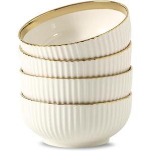 Cereal Bowl Set of 4, Ceramic Cereal Bowls for Kitchen, 6 Inch Deep Soup Bowls Set, White Bowl Set with Gold Trim, Serving Bowls Set for Salad, Pasta, Oatmeal, Fruits, Decorative Bowls(28oz)