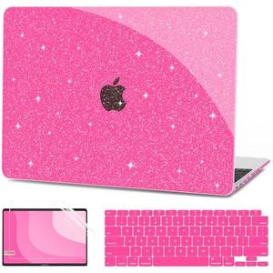 G JGOO Compatible with MacBook Air 13 inch Case 2022 2021 2020 2019 2018 Release M1 A2337 A2179 A1932 Touch ID, Glitter Plastic Hard Shell Case + Keyboard Cover + Screen Protector, Sparkly Hot Pink