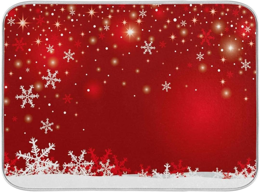 Christmas White Snowflake On Red Background Dish Drying Mat 16x18 inch Dish Drainer Kitchen Counter Mats Bottles Dish Dry Pad Protector for Kitchen Countertops