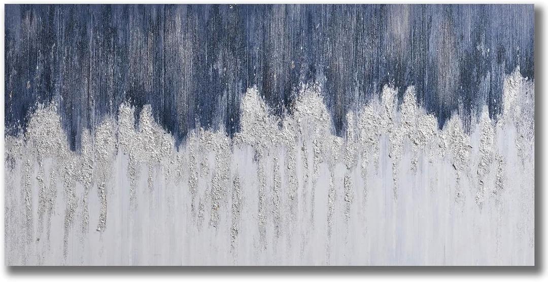 TRAIN2 ART Blue & Silver Canvas Wall Art, Hand Painted Abstract Oil Painting Wall Art on Canvas, Indigo Wall Picture Painting for Living Room Sofa Decoration (Navy Blue, 24X48inch)
