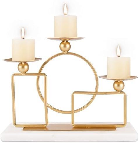Gold Candle Holders for Pillar Candles with Marble Base 3 Arms Metal Candelabra Candle Holders Gold Home Decoration Elegant Candle Stand for Table Centerpieces,Fireplace,Anniversary