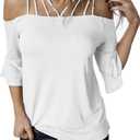 Womens Spaghetti Straps Cold Shoulder Shirts Casual Half Sleeve Tops (X-Large, White)