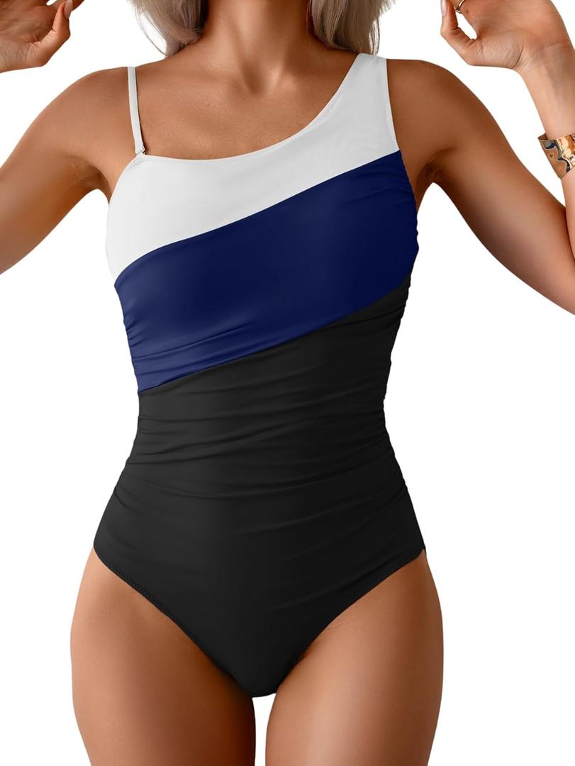 One Shoulder One Piece Swimsuit for Women Tummy Control Bathing Suits Color Block Ruched Swim Suit Slimming Swimwear (Large, White Blue and Black)