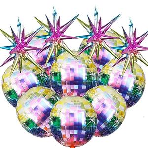 12PCS 70s Disco Party Decorations: 8 4D Metallic Mirror Foil Balloons & 4 Explosion Foil Cone Balloons (Rainbow)
