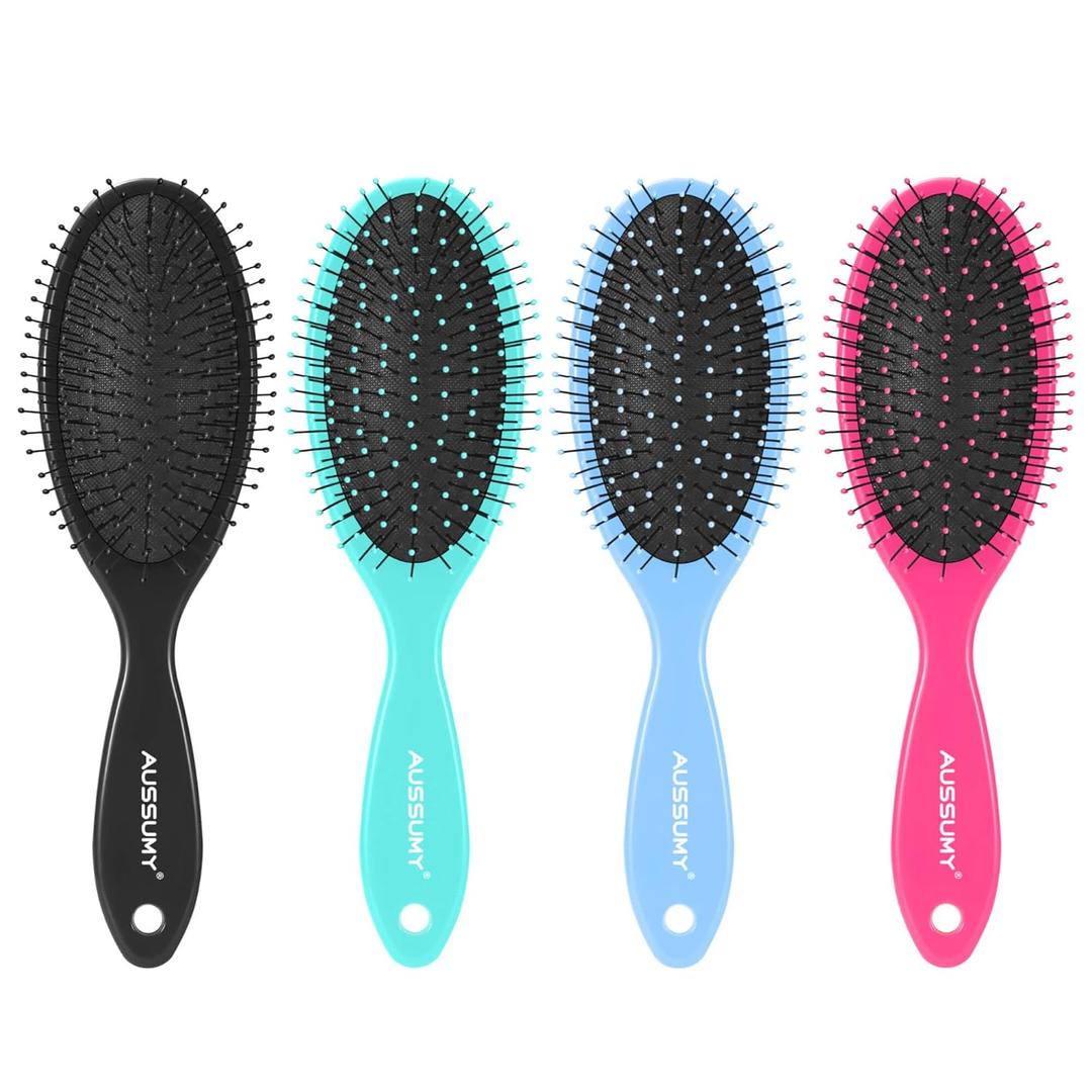 4 Pack Detangling Hair Brush - Air Cushion Detangler Hairbrush with Ultra Soft Bristles for Effortless Tangle Removal For Wet Dry Damage Curly Fragile Hair for Women Men Boys Girls Adult Kids (Black+Green+Blue+Red)