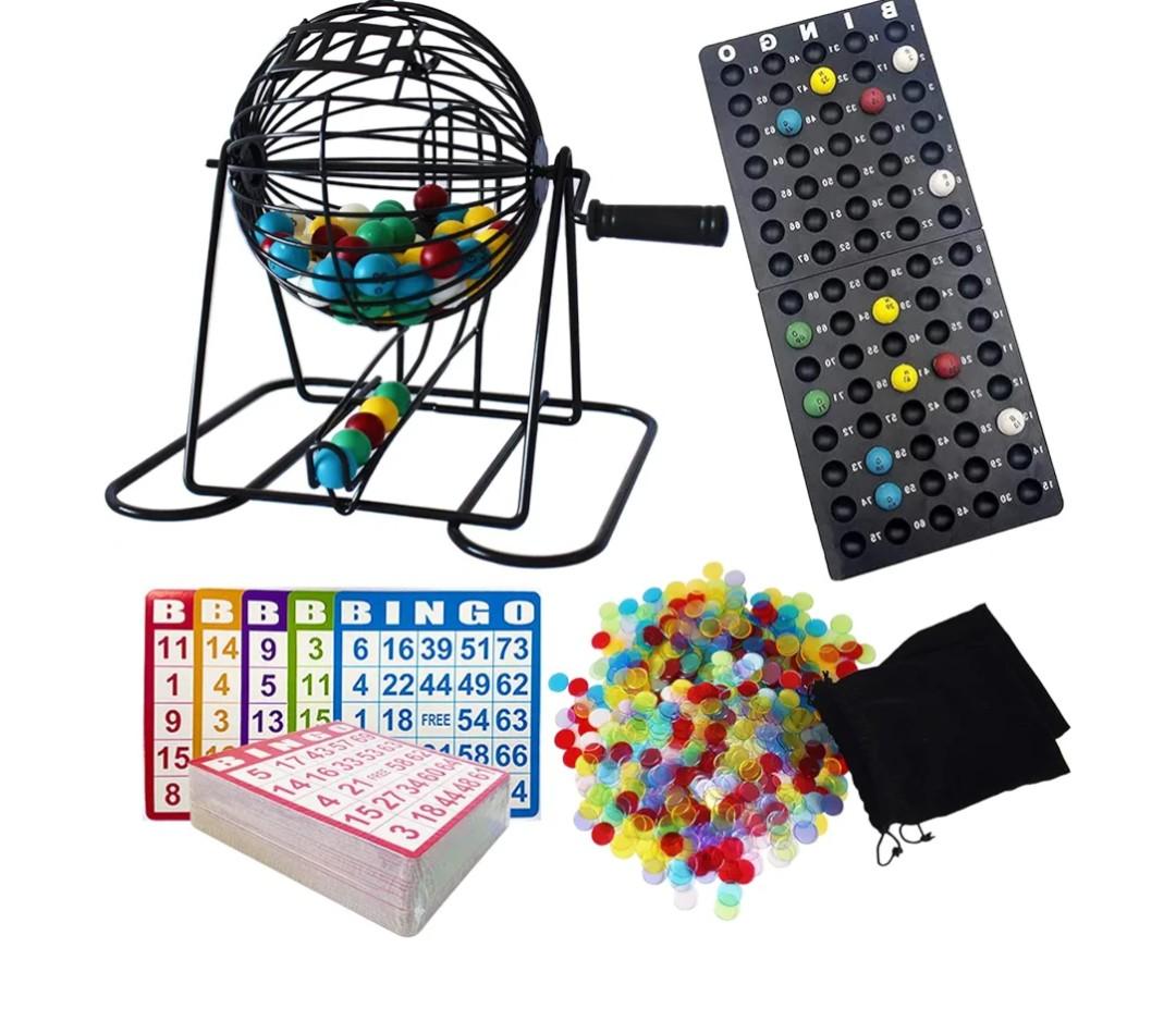 Yuanhe Deluxe Bingo Game Set - Metal Round Cage, 75 Colored Bingo Balls, 100 Bingo Cards, 500 Mixed Chips and Master Board for Large Groups, Parties