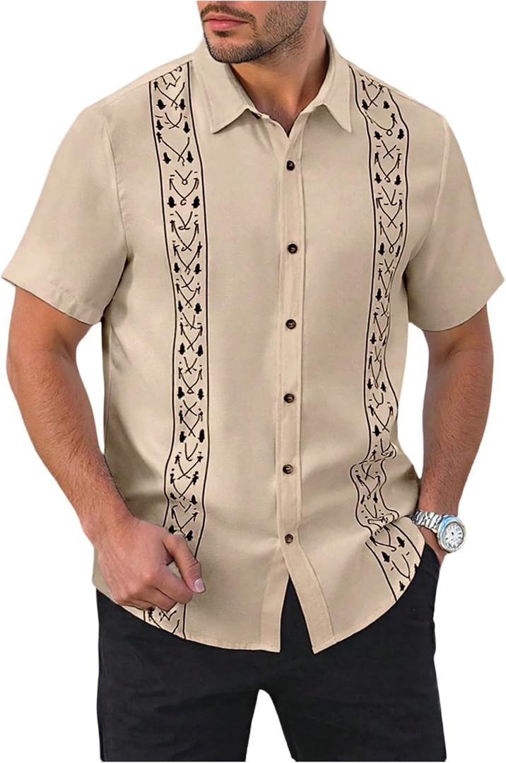 Men's Vintage Bowling Shirts Short Sleeve Button Up Tropical Beach Summer Shirts (Beige, XXL)
