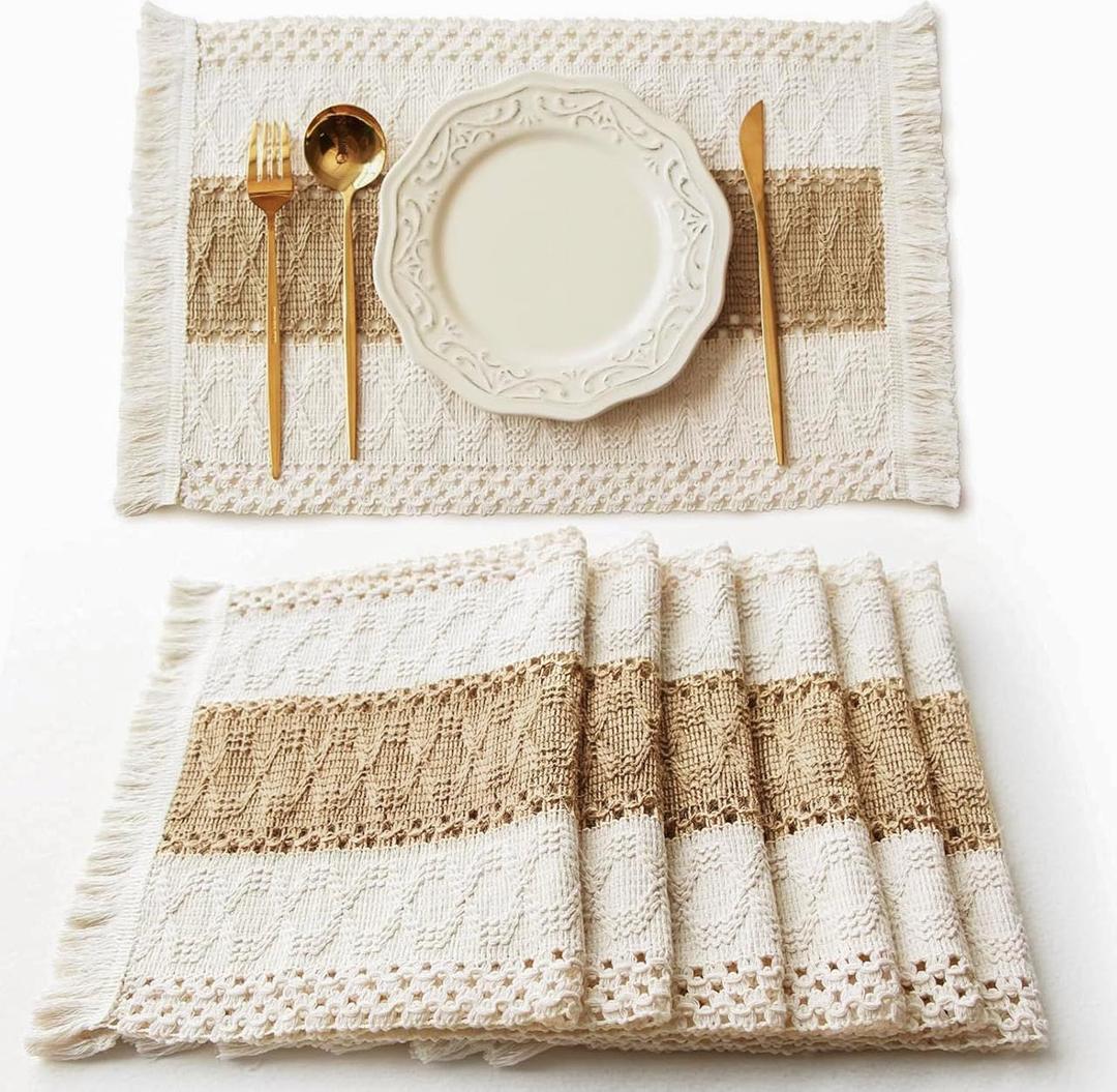 FEXIA Boho Placemats Set of 6, Macrame Table Decor Farmhouse Style Placemats in Natural Cotton Burlap, for Kitchen and Dining Table Centerpiece Home DecorationsBeige & Brown