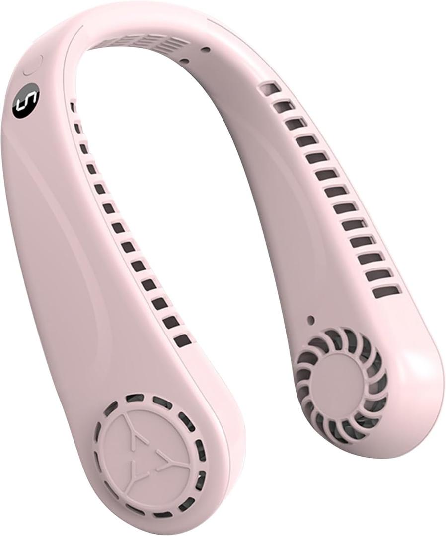 Portable Bladeless Hanging Neck Fans with Screen Display and 5 Speeds Levels, USB Rechargeable, 360 Cooling Wearable Personal Fan for Work Travel Sport Outdoor (Pink)