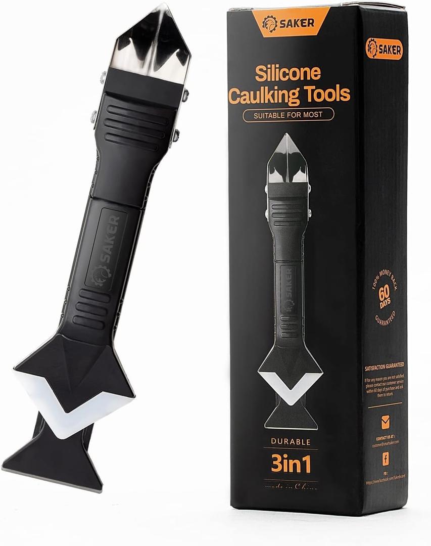 Saker Silicone Caulking Tools-3 in 1 Sealant Finishing Tool Grout Remove Scraper (Stainless Steelhead),Caulk Remover Glass Glue Angle Scraper for Bathroom,Kitchen,Floor,Window,Sink Joint,Frames Seal (Black)