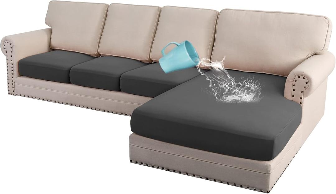 H.VERSAILTEX 100% Waterproof Seat Cushion Covers Sectional Couch Covers 4 Pieces Sofa Cushion Covers L Shape Cushion Chaise Cover for Both Left/Right Couch (Large Sofa 3 Seater + 1 Chaise, Dark Gray)
