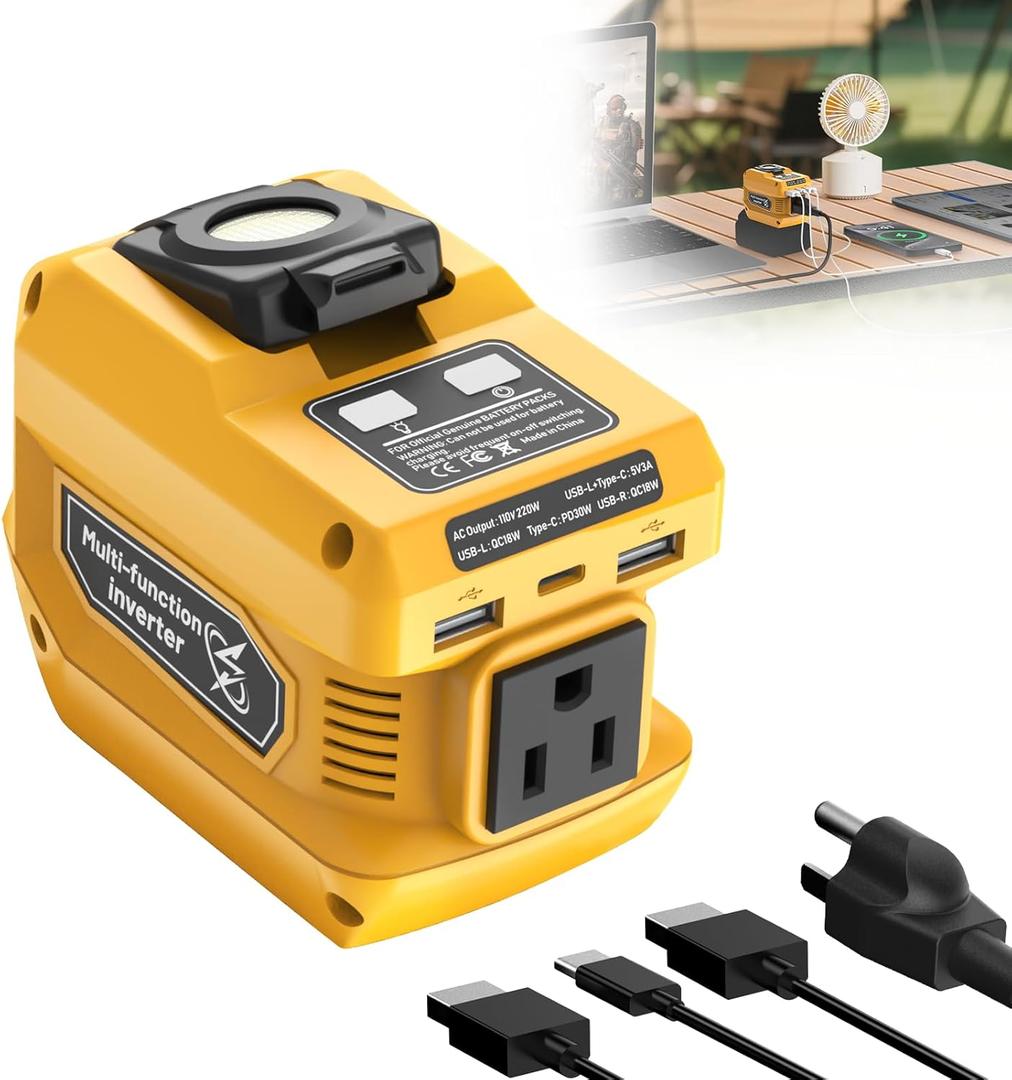 220W Portable Power Inverter Compatible with Dewalt 20V Battery, DC 20V to AC 110V Battery Inverter, Power Station with 400LM LED Work Light, 1 AC Outlet, 2 USB Ports &1 Type-C, Fast Charging (Yellow)