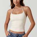 QINSEN Self Tie Halter Neck Basic Shirts for Womens Double Lined Slimming Fit Going Out Sleeveless Tops (Beige, XS)