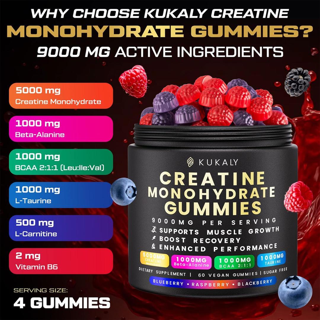 Creatine Monohydrate Gummies for Men & Women, 9000MG Creatine Gummies Sugar Free - Mixed Flavored with L-Taurine, BCAA 2:1, B12 B6 for Boost Strength, Focus & Endurance, Vegan, Non-GMO, 60pcs, BB Date 12/13/2027
