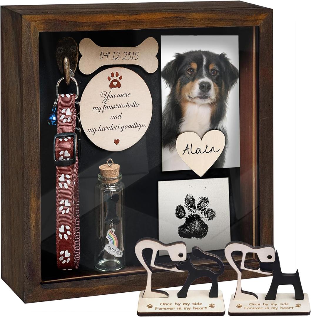 8.6'' Pet Shadow Box Memorial Gift Rustic Collar Holder Picture Frame Paw Print Kit Dog Wooden Sculpture Pet Ashes Fur Jar Rainbow Sympathy Gift for Pet Lover Tabletop Wall Hanging PSD-4R