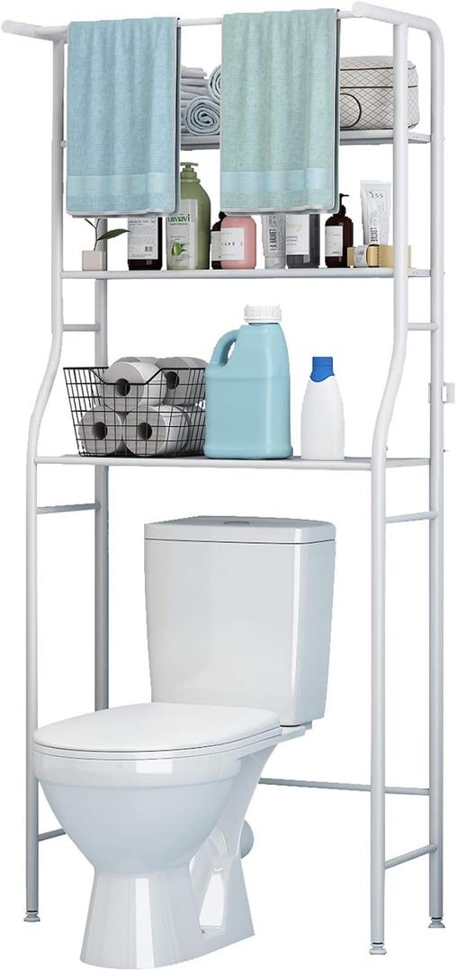 UDEAR 3-Tier Over The Toilet Rack,Bathroom Shelf Space Saver,Corner Stand Storage Organizer Accessories,The Washing Machine,with Hanging Rod,Tower Shelf,White, 26.8 x 9.8 x 64.2 inches