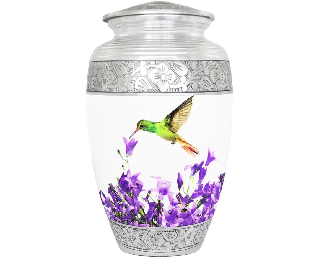 Cremation Urns for Human Ashes Adult Female & Male, Funeral Urn for Ashes for Women & Man, Decorative Urns for Burial, Purple Flower, Hummingbird Urns for Women, White - Large