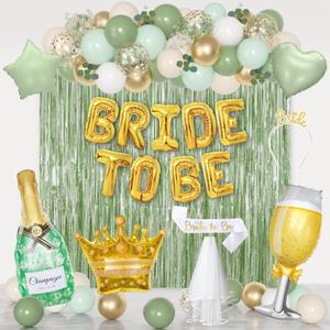 Ouddy Life Sage Green Bachelorette Party Decorations, Bride to Be Bridal Shower Decoration with Crown Champagnes Wineglass Heart Foil Balloons, Veil Sash, Fringe Curtains Engagement Wedding Supply