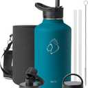 BUZIO 64 oz Water Bottle Insulated with Straw & 3 lid and Carrying Pouch, Leak Proof Half Gallon Stainless Steel Water Flask Jug, Cold for 48 Hrs Double Vacuum Thermo Canteen, BPA-Free, Dark Blue
