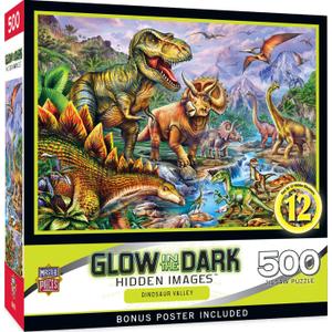 MasterPieces - 500 Piece Jigsaw Puzzle, Glows in The Dark, Hidden Images, Dinosaur Valley, Fun for Adults, Family, Kids, 15" x 21"