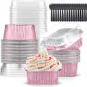 Mini Cake Pans With Lids (10oz,40 Pack) Aluminum Foil Square Cupcake Liners Brownie Baking Cups,Disposable 4x4 Large Cupcake Pan,Jumbo Muffin Tin Ramekins Holders (Pink)