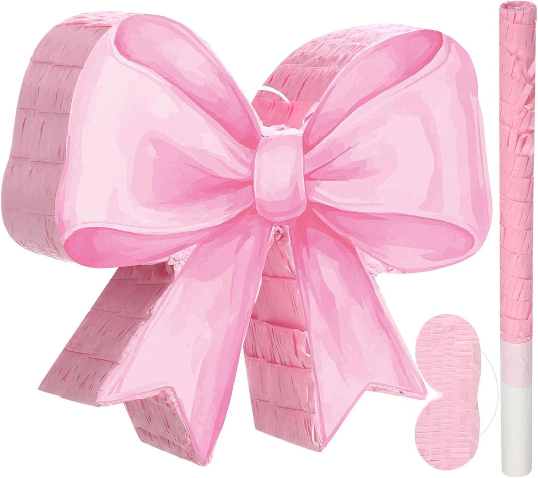 Threan Bow Piata Bow Party Piata with Bat Stick Blindfold Mask Conquette Birthday Centerpieces Decorations for Bridal Shower Wedding Anniversary Engagement Supplies(Pink)