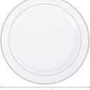 PULOTE 100PCS Silver Plastic Plates - 10 Inch Heavy Duty White with Silver Trim Plastic Dinner Plates Disposable for Dinenr, Party, Wedding & Christmas