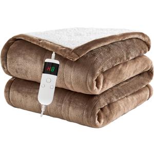 Electric Blanket Heated Throw, Soft Flannel 50"x60" Heating Blanket with 8 Hours Auto Off 10 Fast Heating Levels Machine Washable Sherpa Heated Blanket with Overheating Protection (Camel)