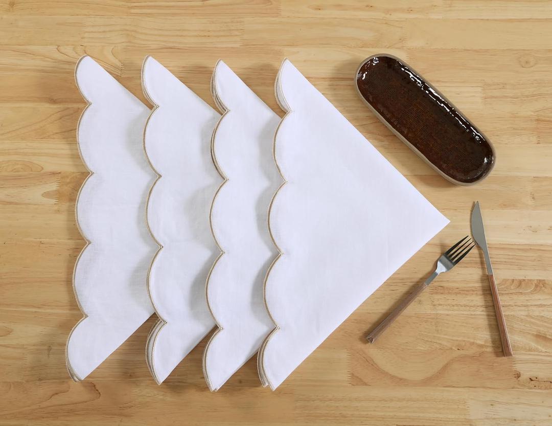 100% Pure Linen Scalloped Embroidery Cloth Napkins 20x20 for Dinners, Parties, Weddings, Decorative Halloween, Spring, Easter, Set of 4 Pcs (White Linen and Gold Embroidery)
