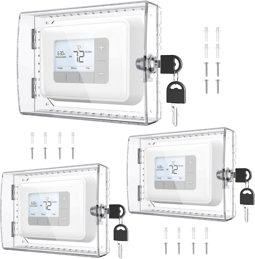 AUURIO 3 PCS Upgraded Thermostat Lock Box with Key, Large Space Thermostat Cover Seamless Anastomosis, Clear Decorative AC Lock Box Cover on Wall Fits Thermostats 4.8" H x 6" W or Smaller