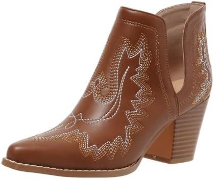 SelRoys Cowboy Boots for Women Cowgirl Ankle Western Embroidered Stitched Pointed Toe Cutout Chunky Heels Short Booties Red Brown Black 9