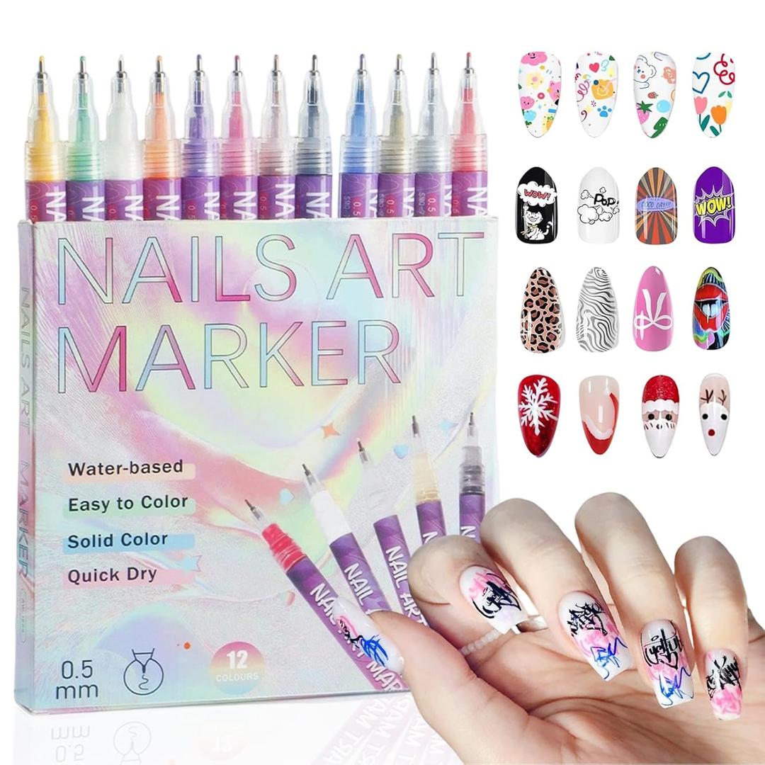 12 Colors Nail Art Pens Set, 0.5mm Fine Tip Acrylic Nail Art Markers for Kids Adults, Portable Nail Art Pens for Painting Nails, Quick Dry Waterproof Nail Polish Pens, Manicure Tools for Home Nail DIY