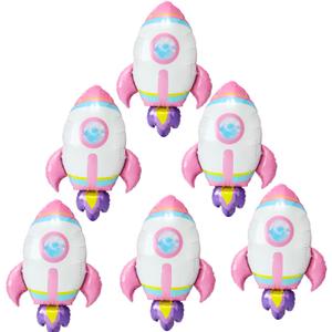 6 Pack Pink Rocket Balloons - Space Theme Party Decorations, Aluminum Foil Balloons for Birthday, Baby Shower, NASA Events