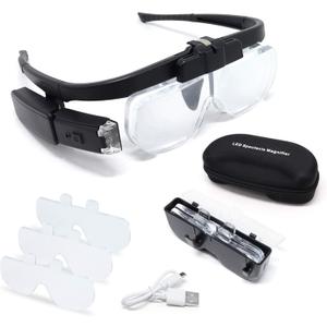 LED Head Mount Magnifier Glasses with 3 Detachable Lenses 2 Led Professional Jeweler Loupe Light USB Rechargeable Hands Free Headband Magnifying Glass for Reading Watch & Electronic Repair Sewing